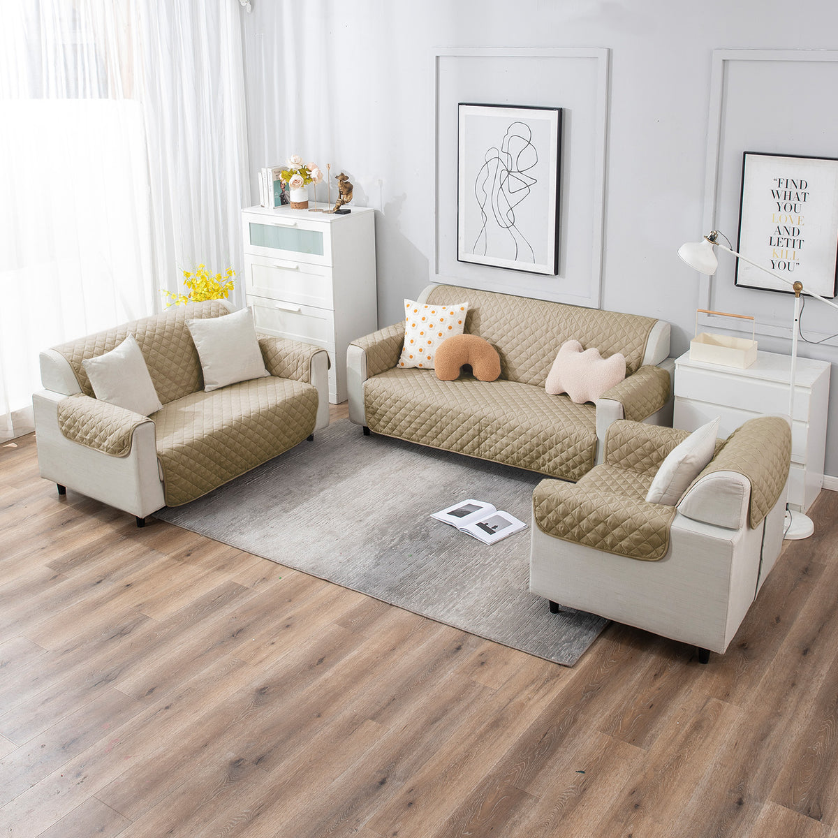 Beige quilted sofa cover set for 1, 2, 3, 4, 5, & 6 Seater sofa