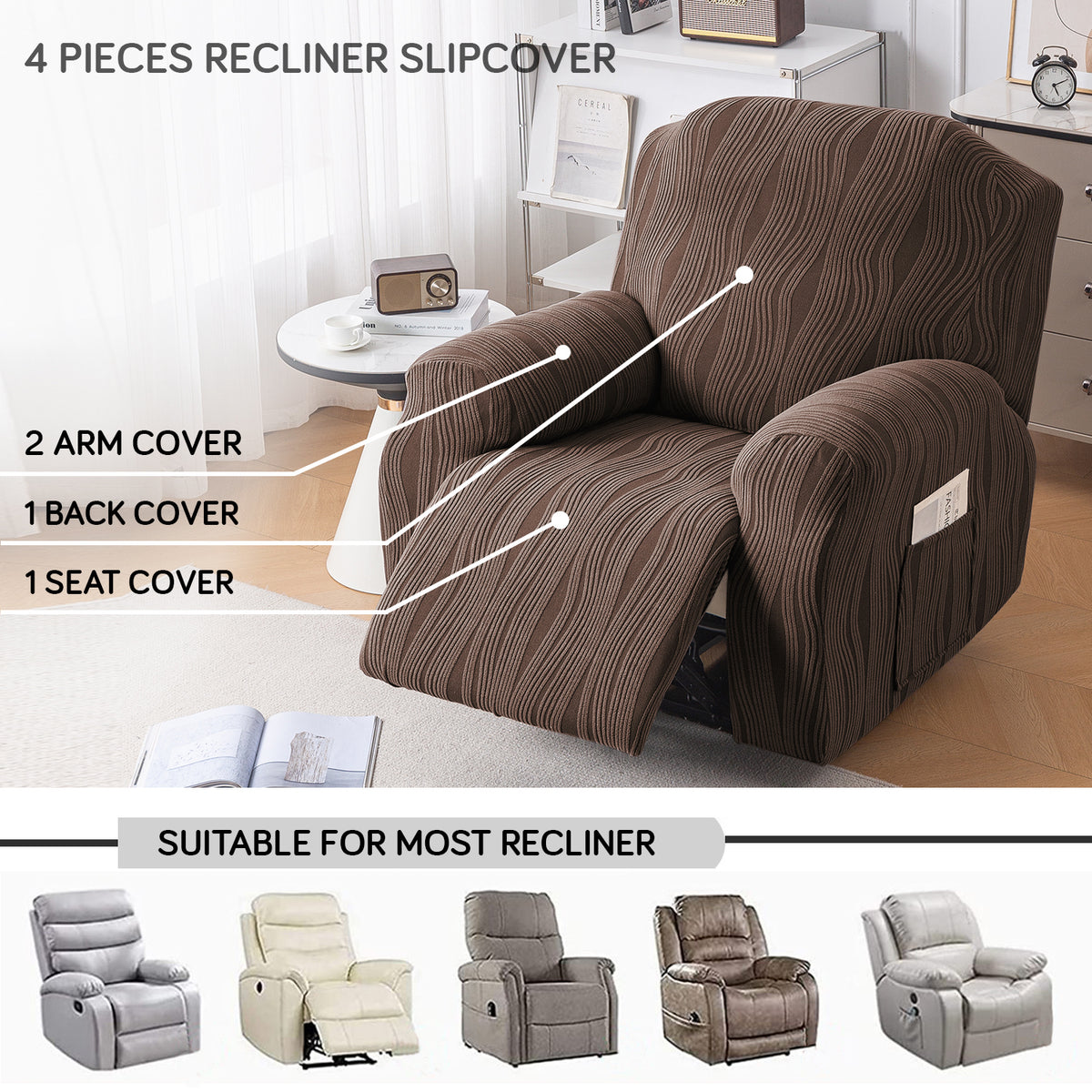 Buy Chocolate Brown Colour nestiva series knitting Jacquard 4 Pieces Recliner Slipcover | HOKIPO