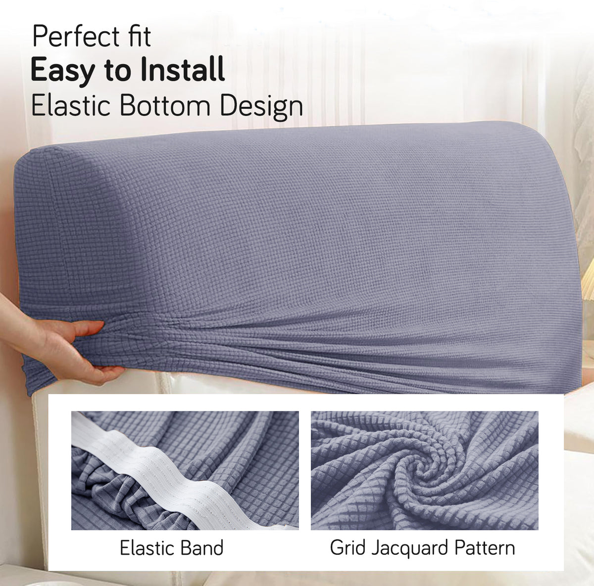 Buy Light Grey Colour jacquard bed headboard cover with elastic bottom, easy to install and perfect fit design for beds