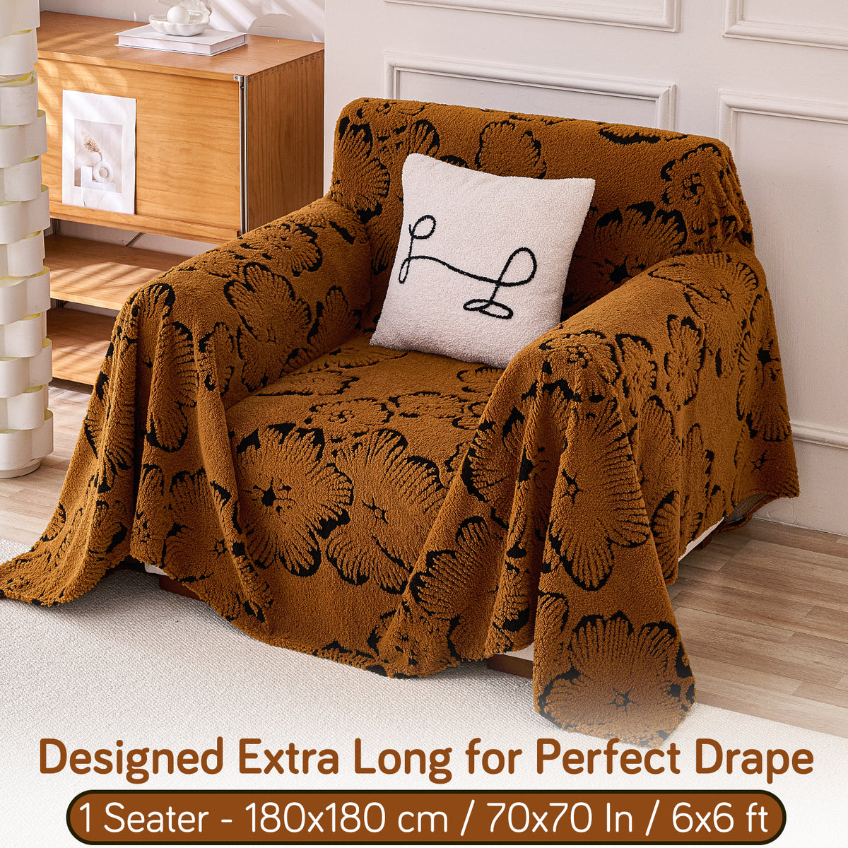 Buy Rustic Caramel Colour Camellia Blossom Luxury Plush Sofa Throw – Single Seater Sofa | HOKIPO