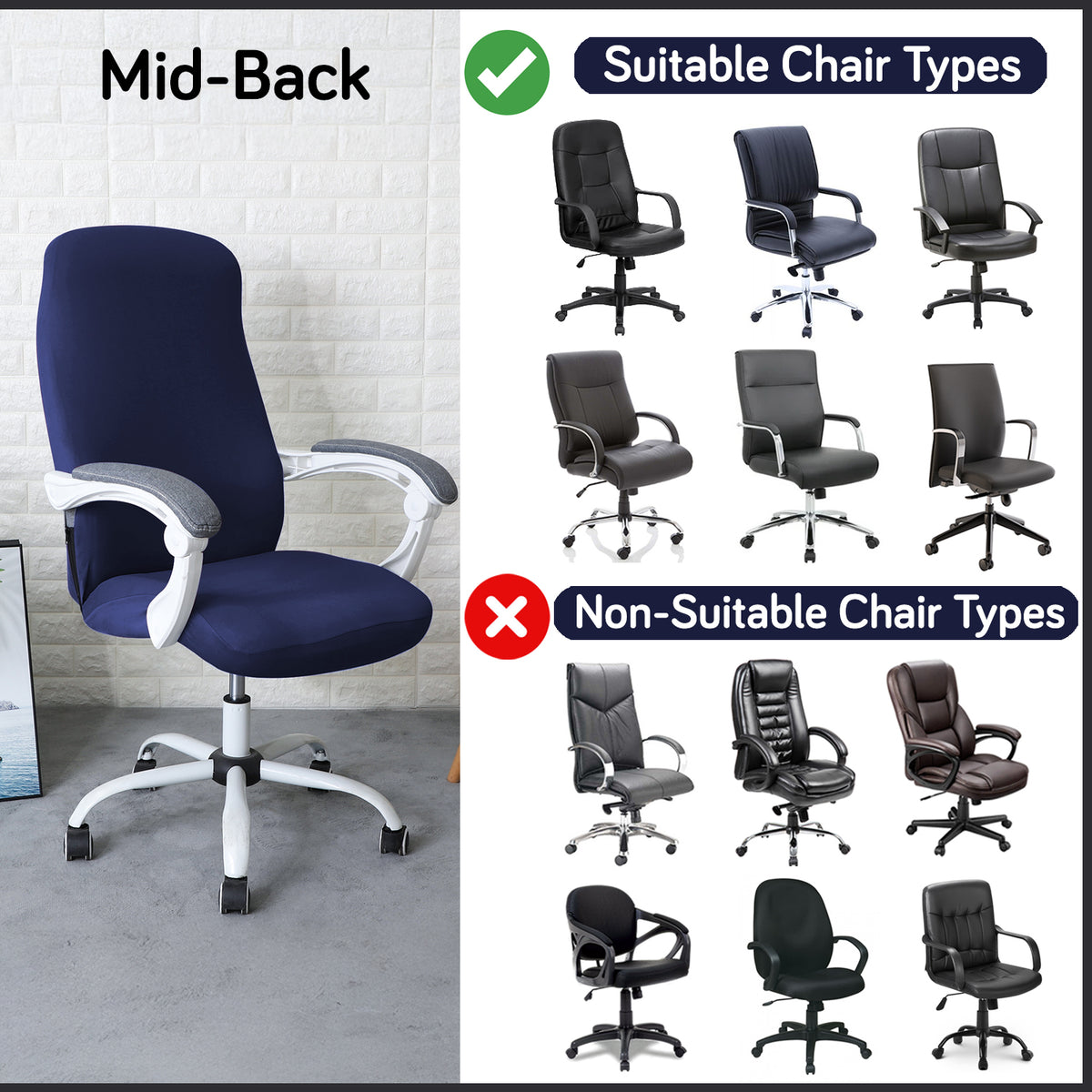 Office Chair Cover for Desk Chair (Mid-Back) – 140 GSM Stretch Fabric – Washable, Durable & Anti-Slip – Fits Mid-Back Office Chairs, Navy Blue