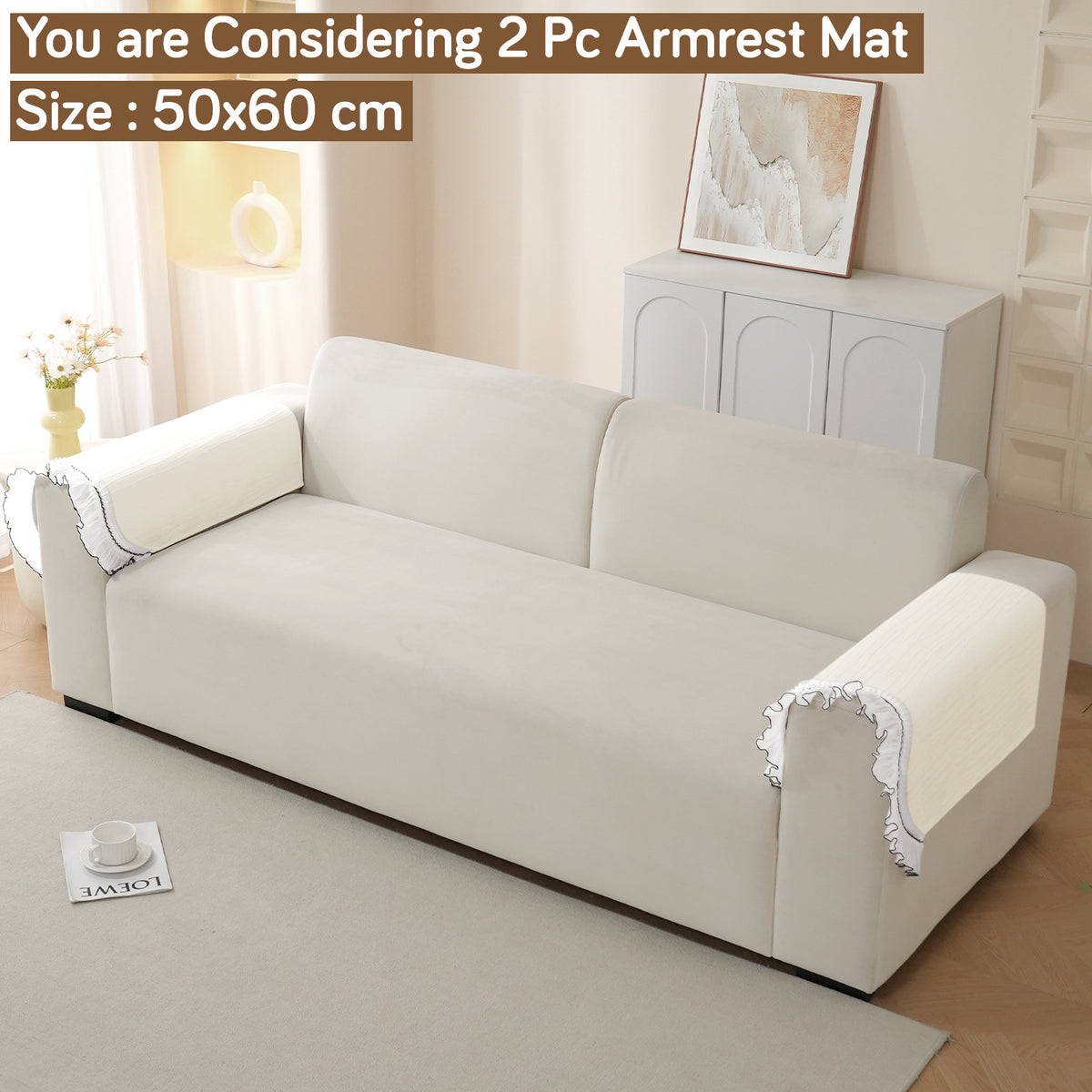 French Lace & Luxe with White Ruffle Edge Sofa Cover Mat, Pearl Sheen White