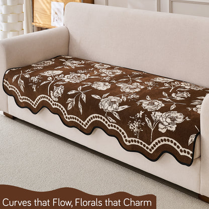 Chenille Sofa Cover Mat with Curvy Edges, 'Retro Curves Series' Sofa Mat, Walnut Brown