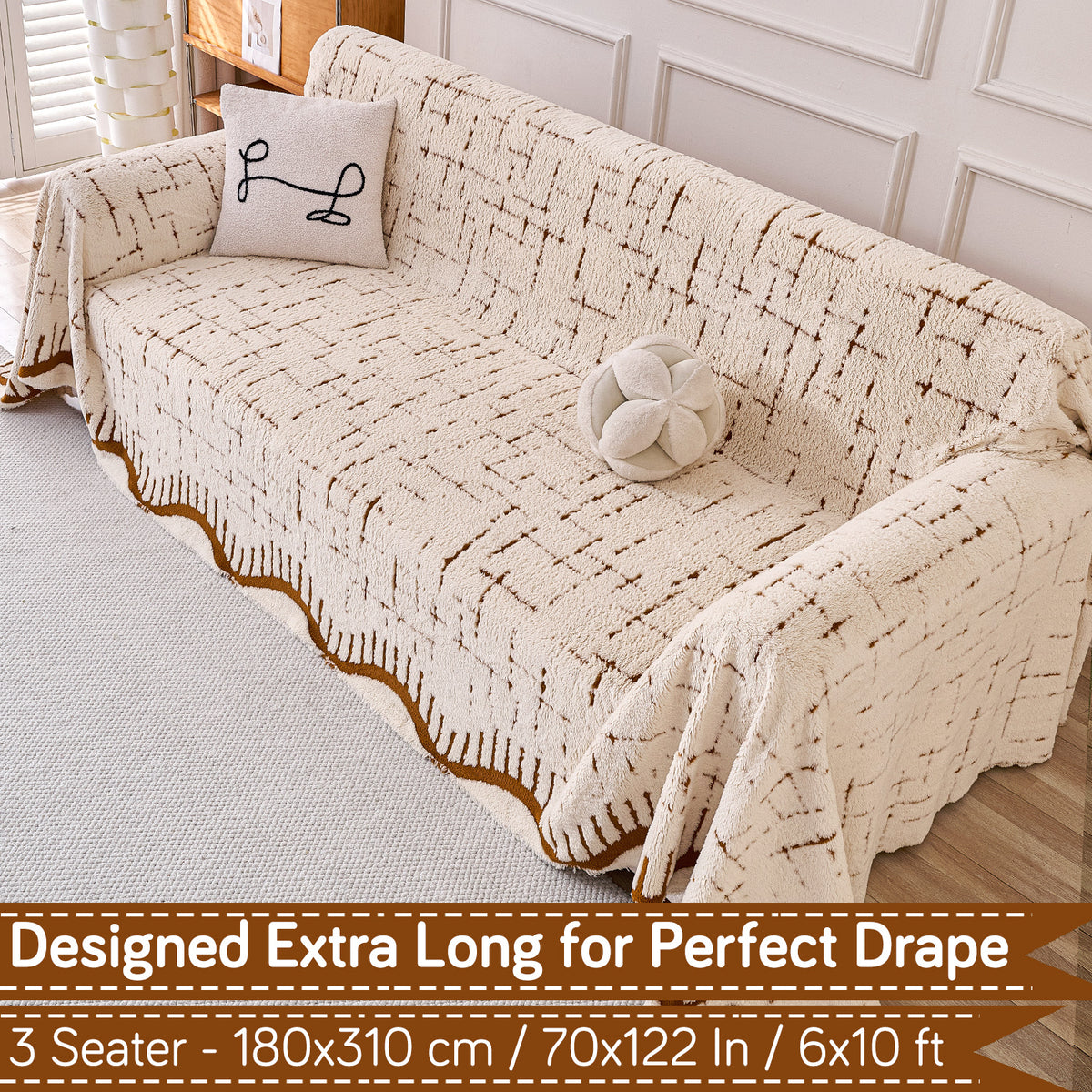 Buy Cream Brown Colour Supple Soft Wavy Plush Sofa Throw – 3 Seater Sofas | HOKIPO