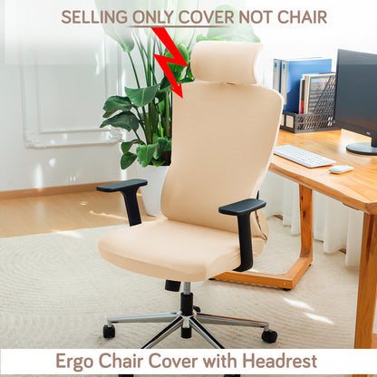 Office Chair Cover with Headrest (High-Back) – 140 GSM Stretch Fabric – Washable, Anti-Slip Fit for Ergonomic Mesh Office Chairs, Beige