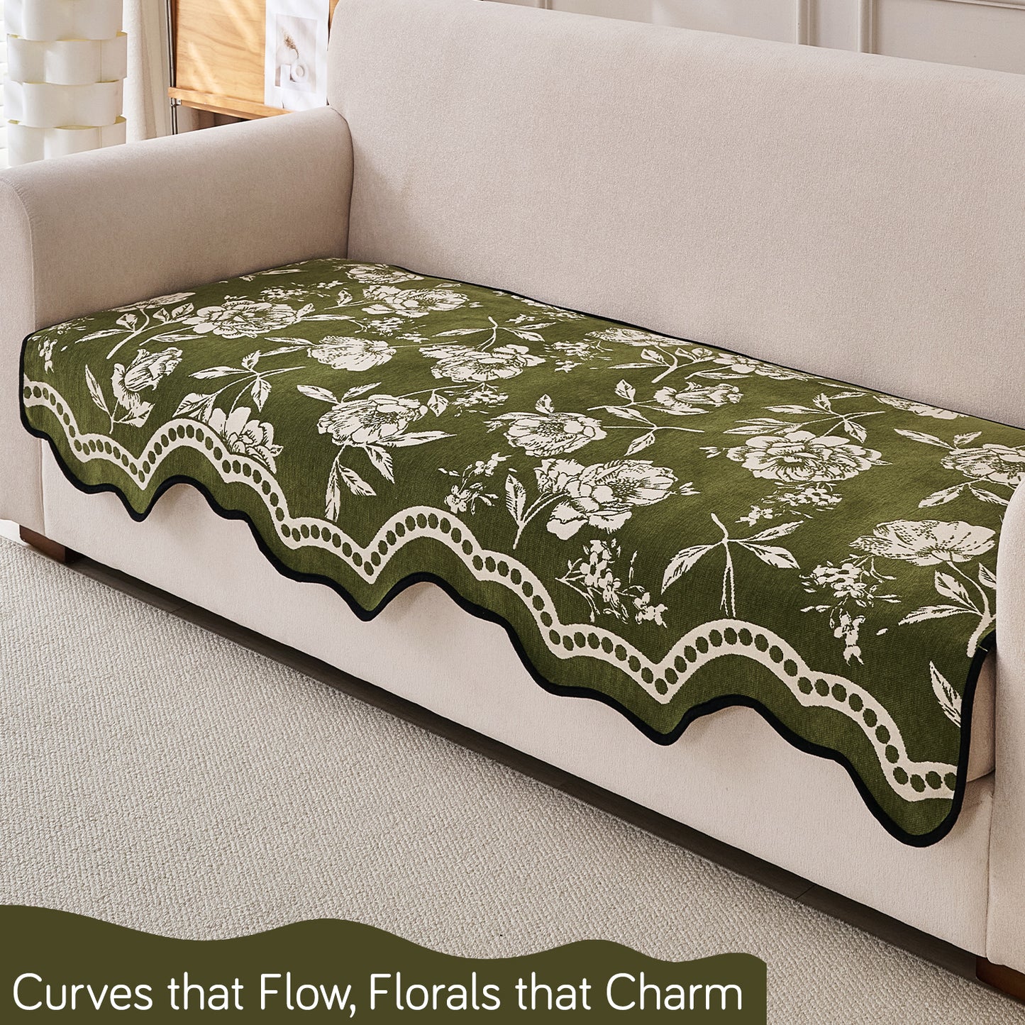 Chenille Sofa Cover Mat with Curvy Edges, 'Retro Curves Series' Sofa Mat, Olive Green