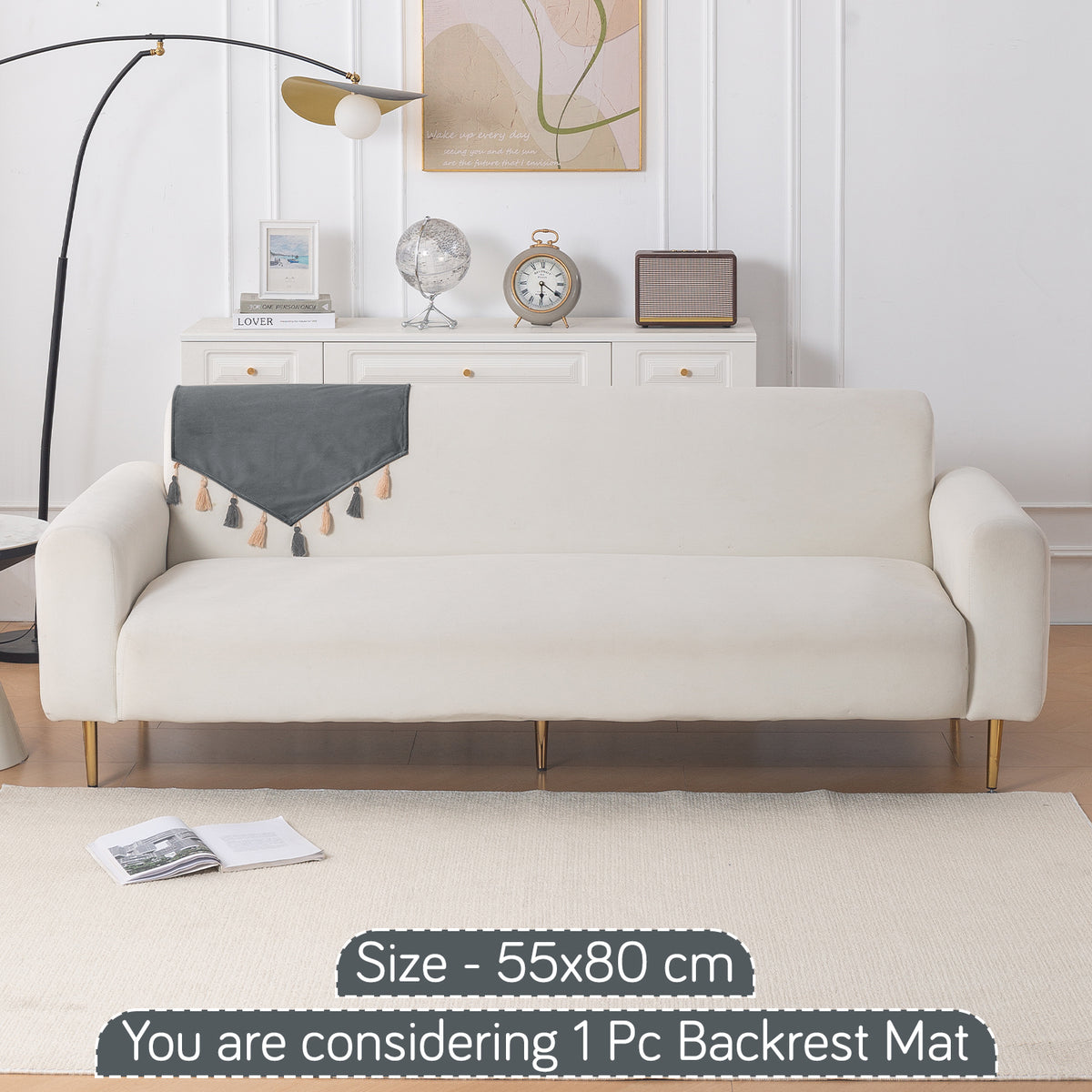 Tassel Tone Holland Velvet Sofa Cover Mat, Graphite Grey