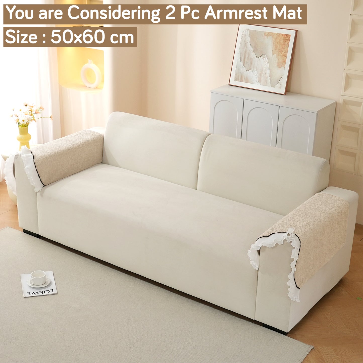 French Classic Frill Wavy Sofa Cover Mat with Curve & Lace - Champagne Beige