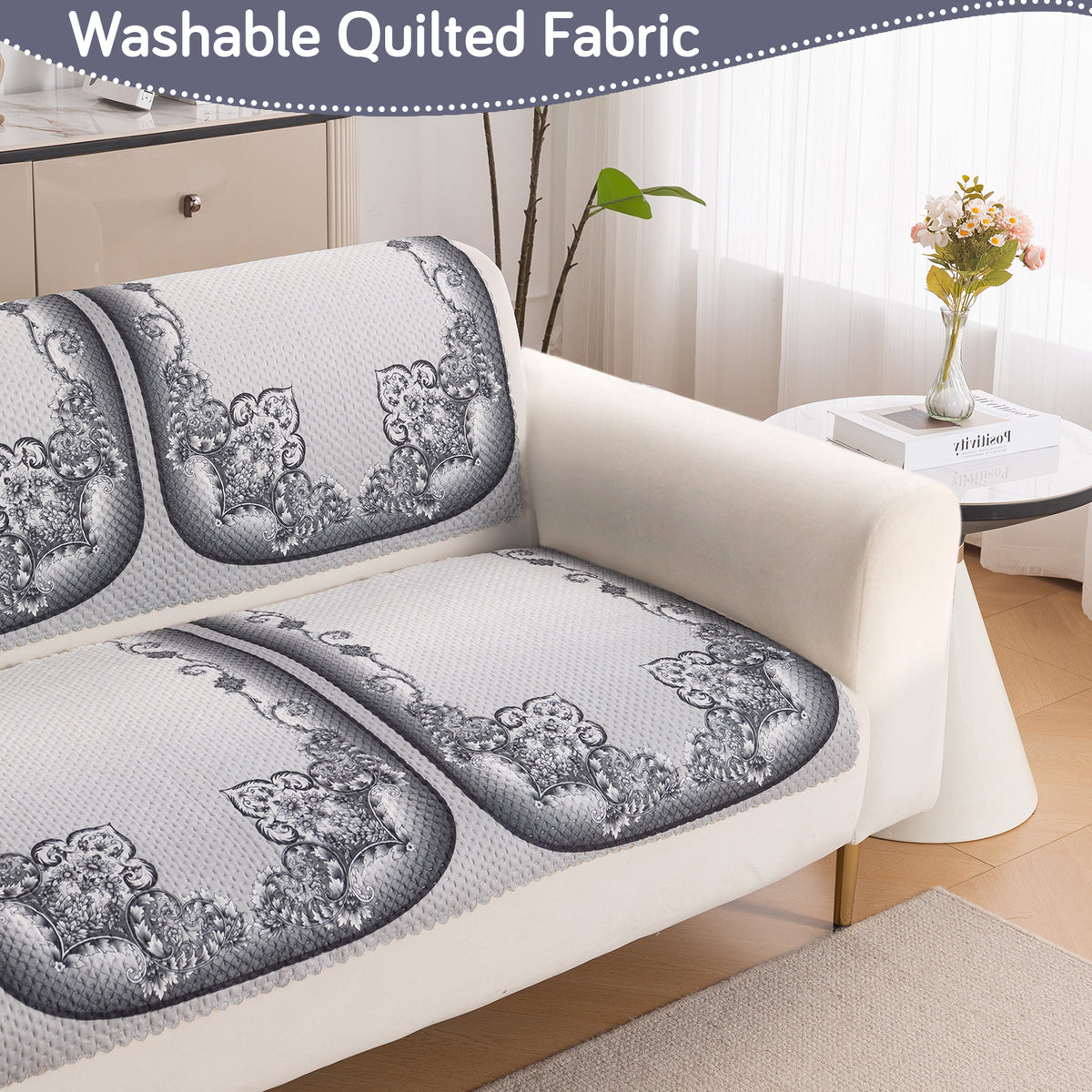 HeavenHue Fleece Soft Touch Quilted Sofa Cover Set Washable Sofa Panel for Seat & Back - Twilight Lace