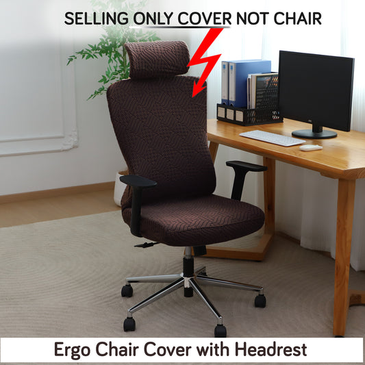Office Chair Cover with Headrest (High-Back) – 170 GSM Stretch Jacquard – Washable, Anti-Slip Fit for Ergonomic Mesh Office Chairs, Brown