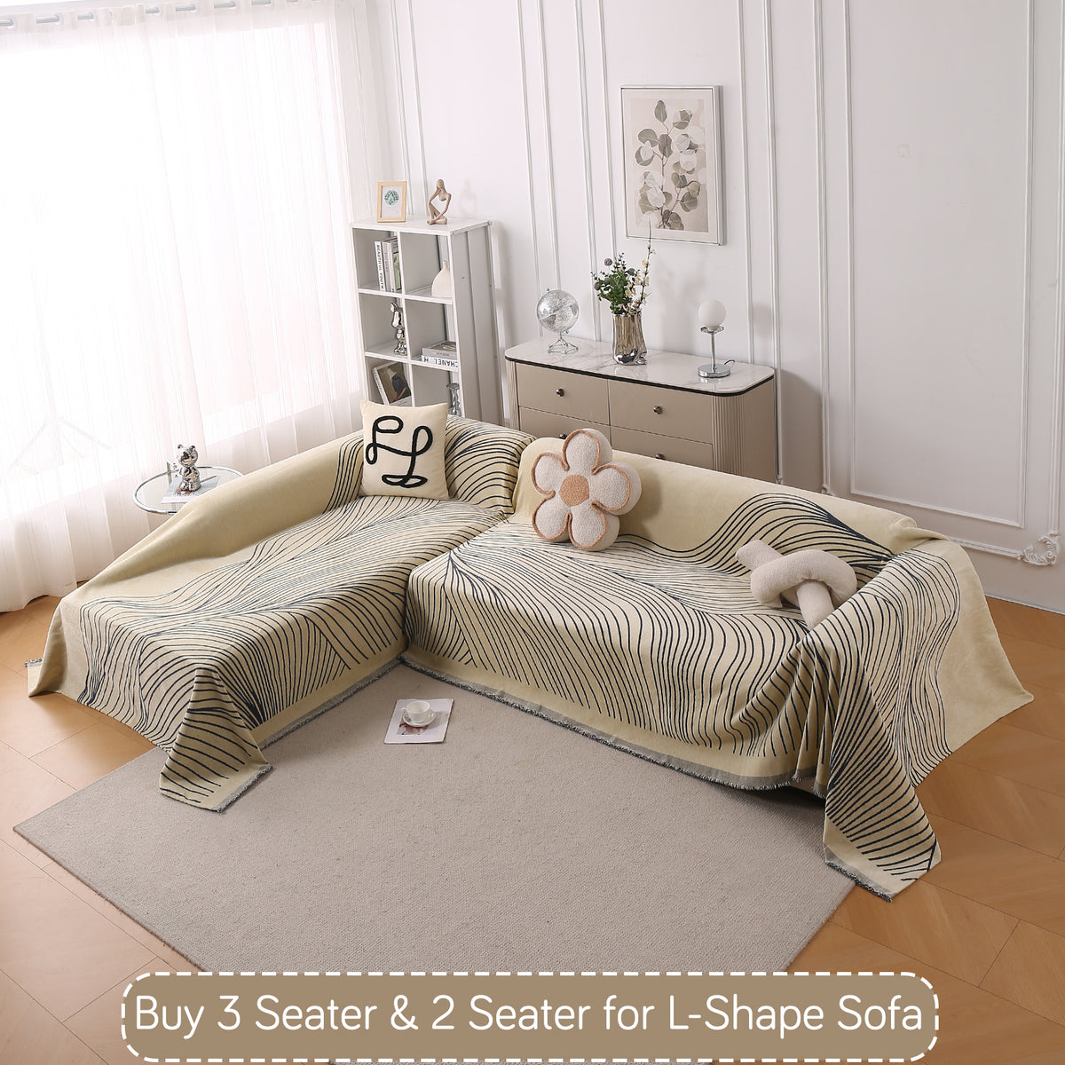 Buy Grey Colour WaveLoom Chenille L-Shape Sofa Throw | HOKIPO