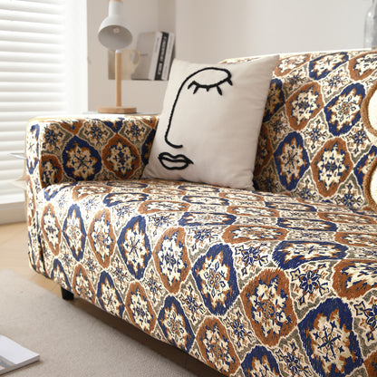 Premium Printed Velvet Sofa Cover 1/2/3 Seaters Fully Covered, Indigo Moroccan Charm