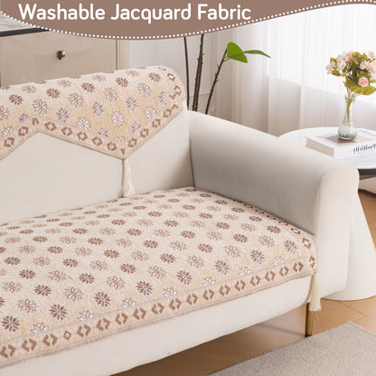 Heritage Weave Premium Jacquard Sofa Cover Set with Tassels - Sandy Beige