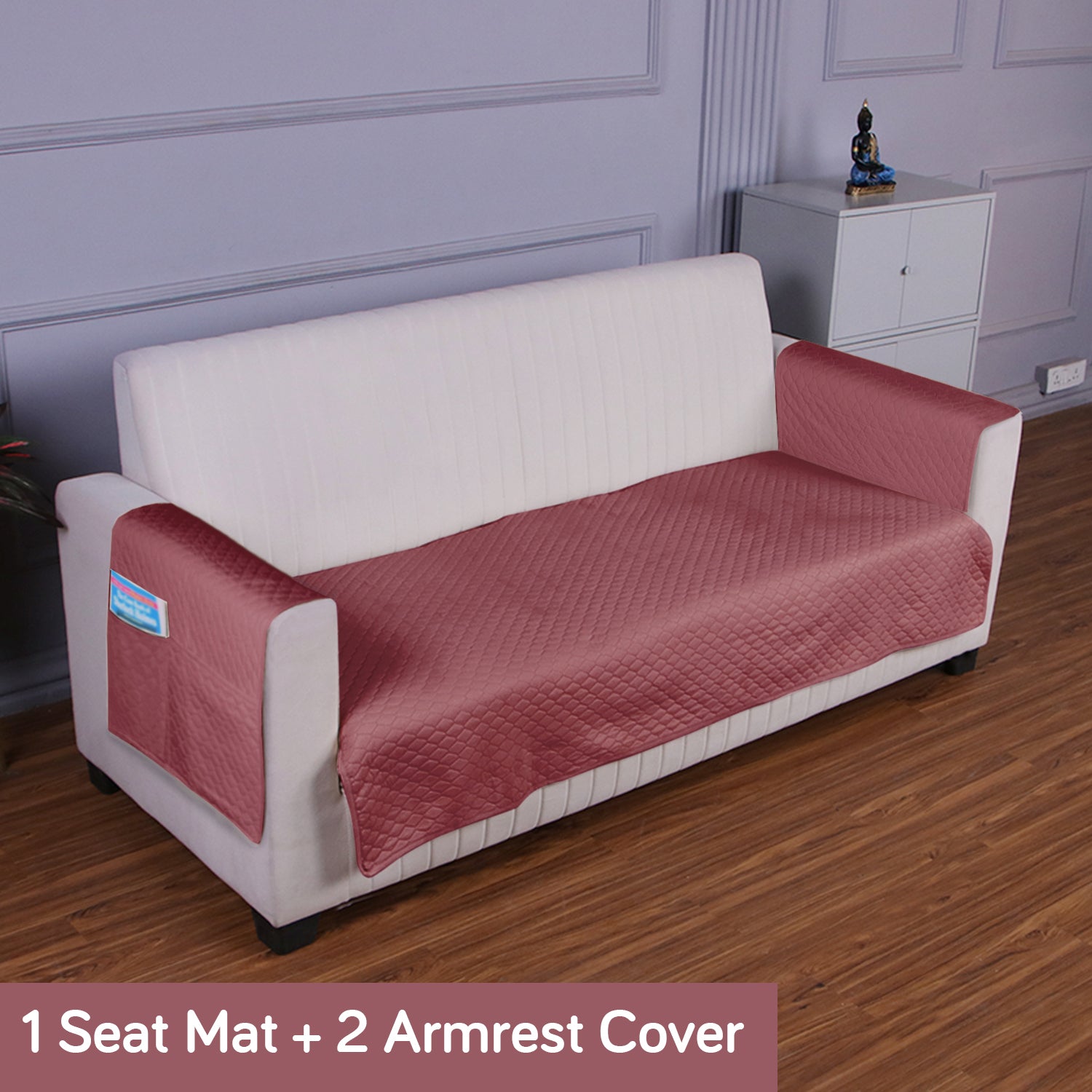 Quilted Sofa Cover Set with Seat Mat and Armrest Covers with Pockets, Mauve Pink