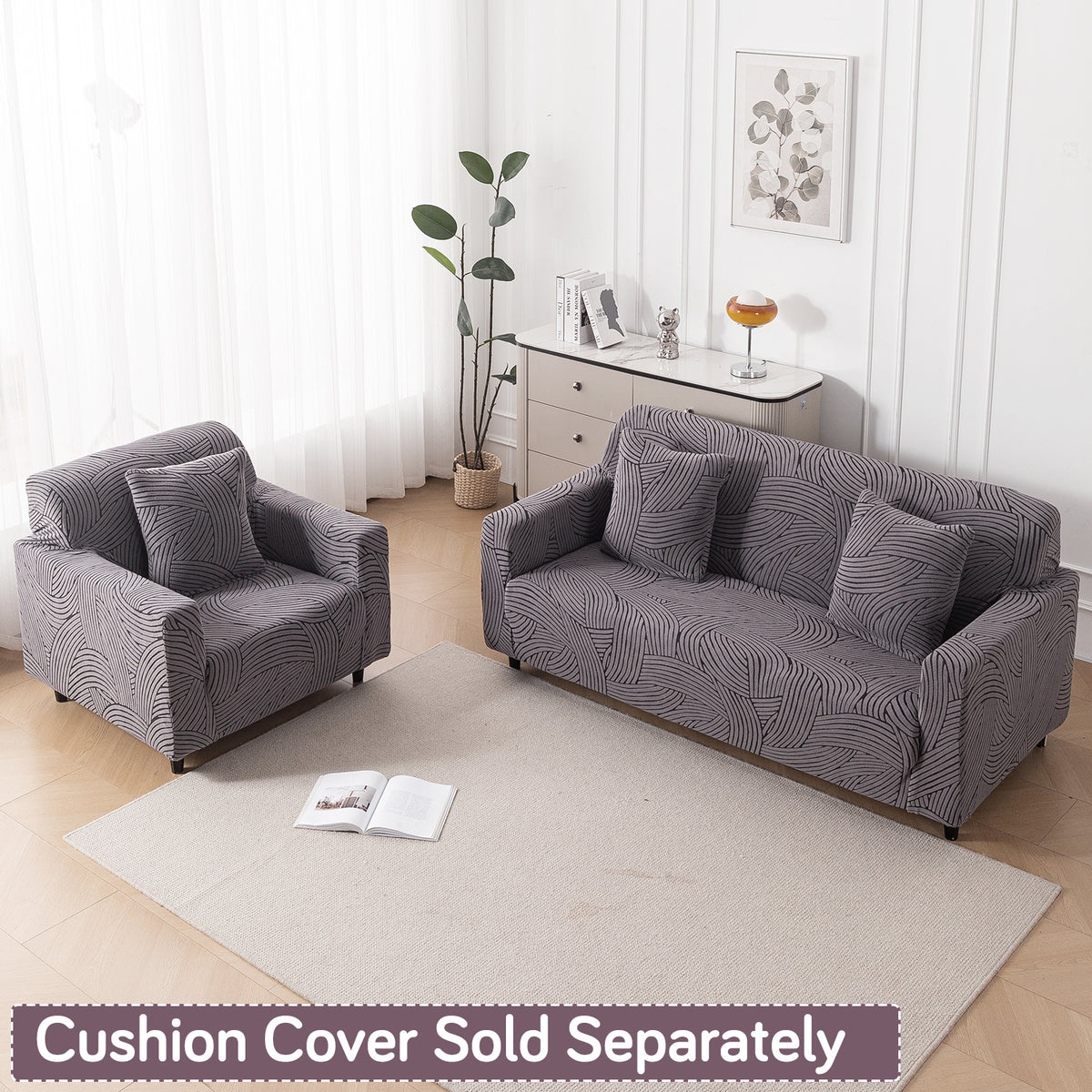 Buy charcoal grey colour waveline series jacquard sofa cover 1/2/3/4 seater fully covered ( cushion covers)