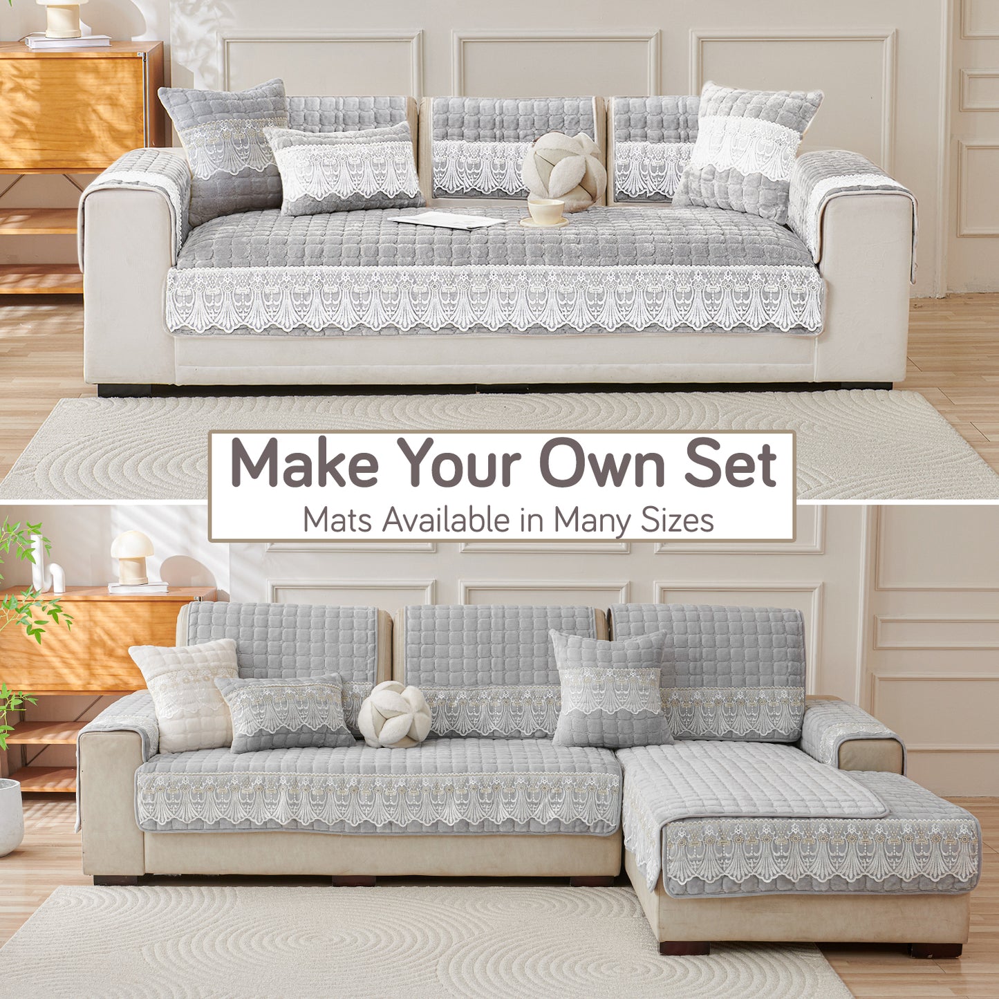 BelleLace Series Imperial Milk Velvet Sofa Cover Mat with Lace Design - Cloud Grey
