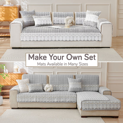 BelleLace Series Imperial Milk Velvet Sofa Cover Mat with Lace Design - Cloud Grey
