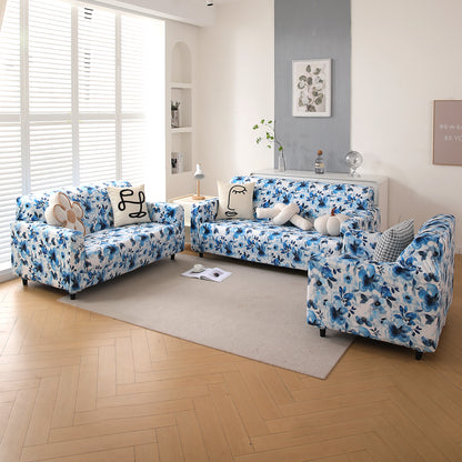 Premium Printed Velvet Sofa Cover 1/2/3 Seaters Fully Covered, Blue Azure Botanical