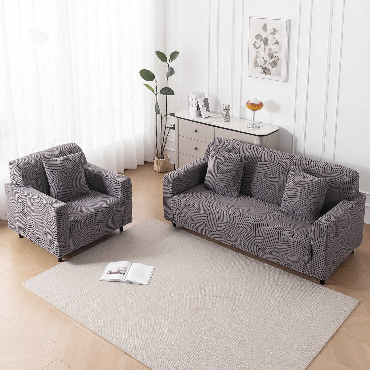 Buy charcoal grey colour waveline series jacquard sofa cover 1/2/3/4 seater fully covered