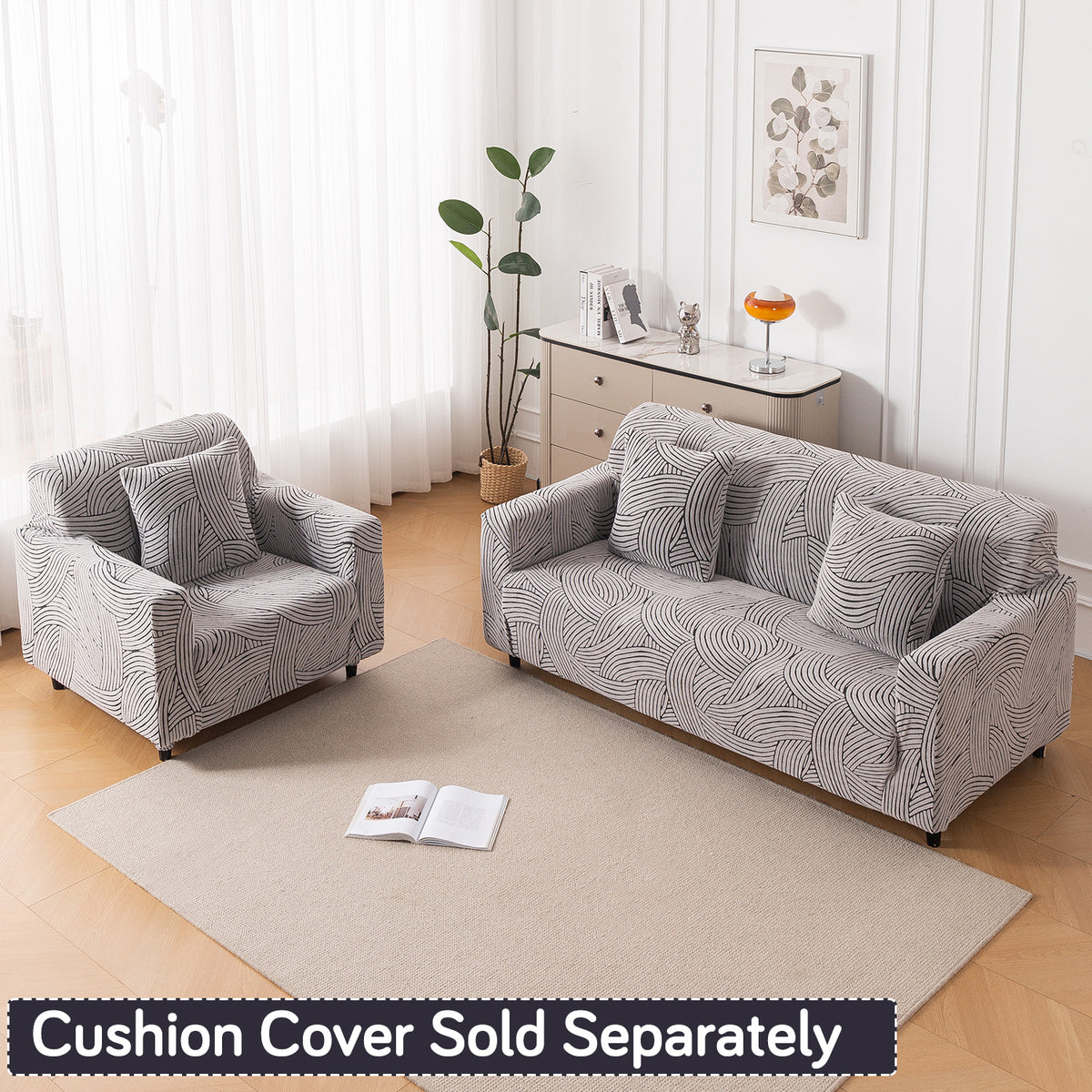 Buy ash grey colour waveline series jacquard sofa cover​ for 3 1 seater sofa set & cushion covers | HOKIPO