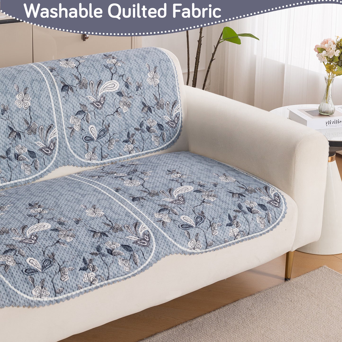 HeavenHue Fleece Soft Touch Quilted Sofa Cover Set Washable Sofa Panel for Seat & Back - Frosted Petals
