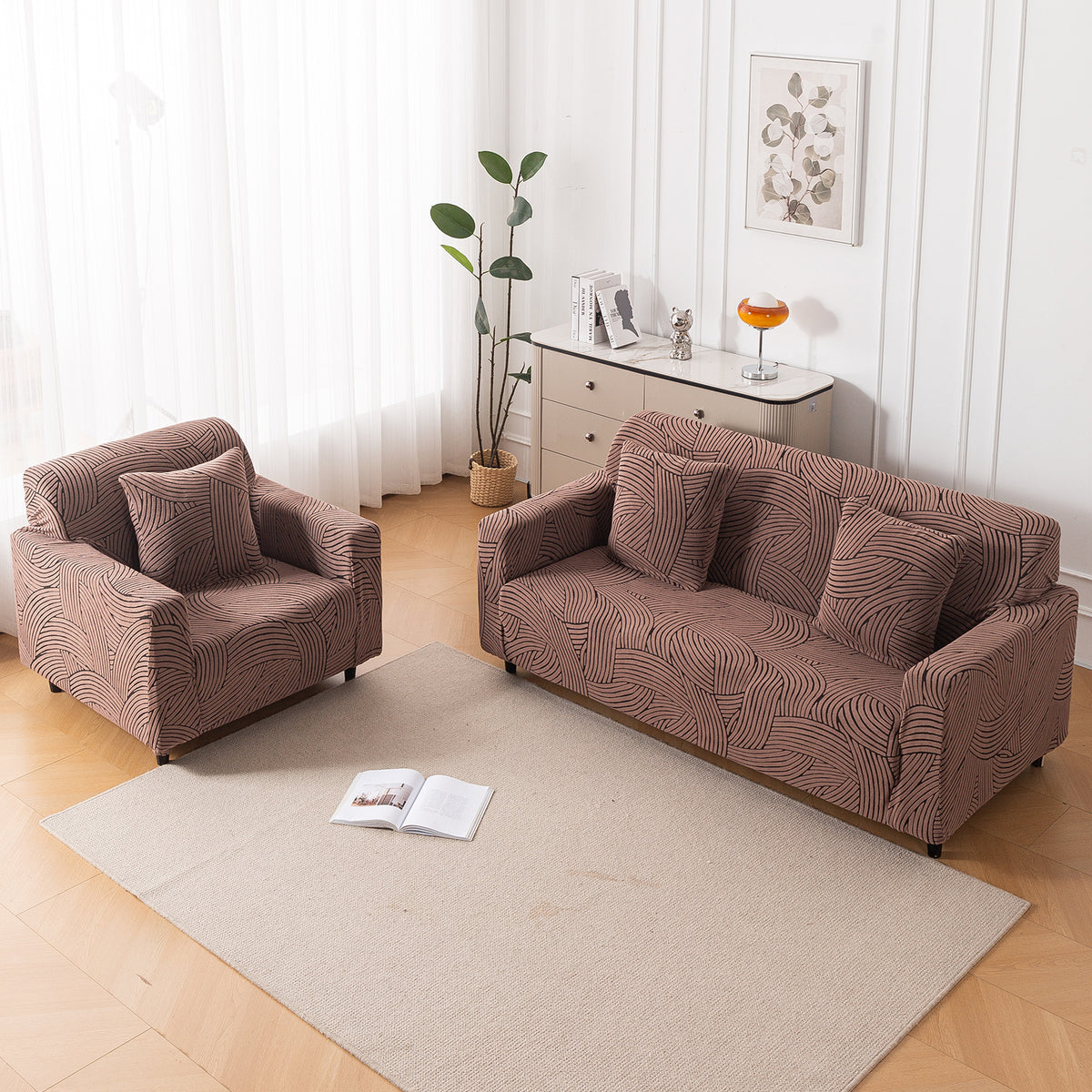 Buy rust brown colour waveline series jacquard 3 seater sofa cover​