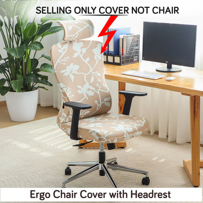 Printed Office Chair Cover with Headrest (High-Back) – 140 GSM Stretch Fabric – Washable, Anti-Slip Fit for Ergonomic Mesh Office Chairs,Buff Brown Sillehoute Floral
