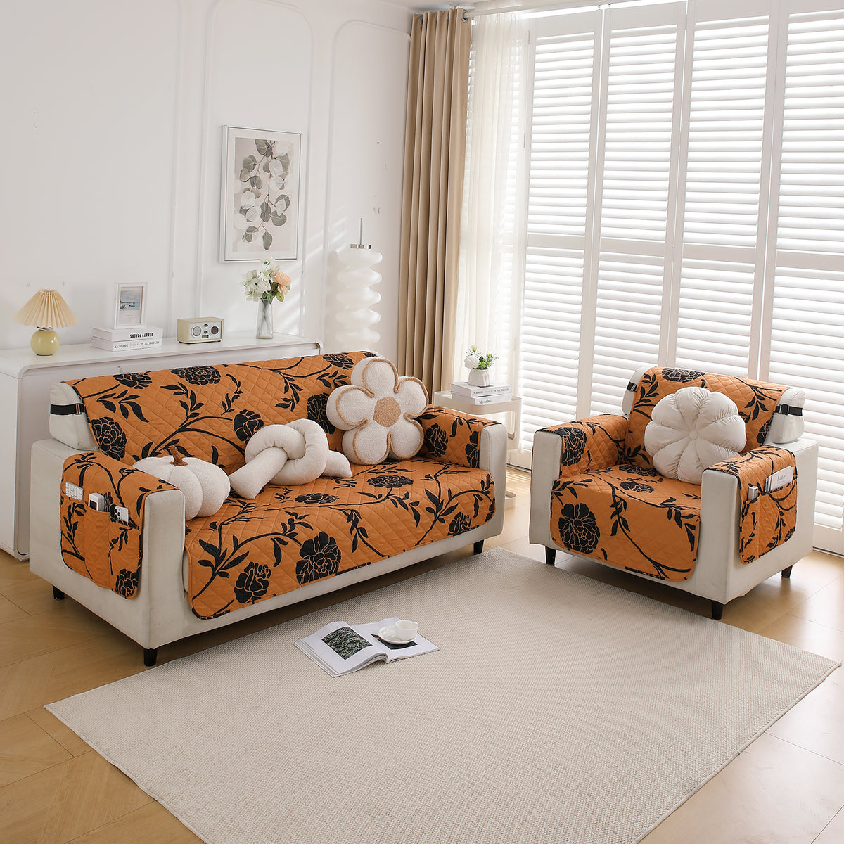 Waterproof & Quick-Dry Quilted Sofa Cover with Pockets on Armrest and Cushion Cover, Copper Brown Floral