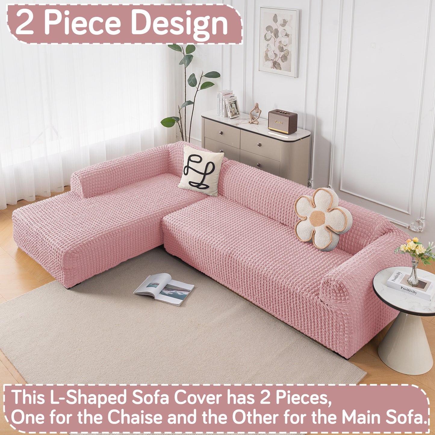 Aria Nova Bubble 2-Piece Stretchable L Shape Sofa Cover with Left Chaise, Tea Rose Pink