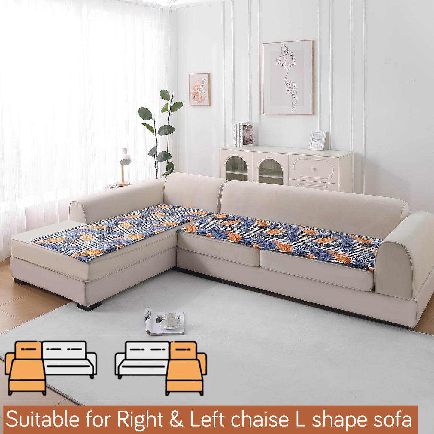 LiefNest Printed Holland Velvet L Shape Sofa Seat Mat with Foam Filling - Tropical Leaves Dusk Blue
