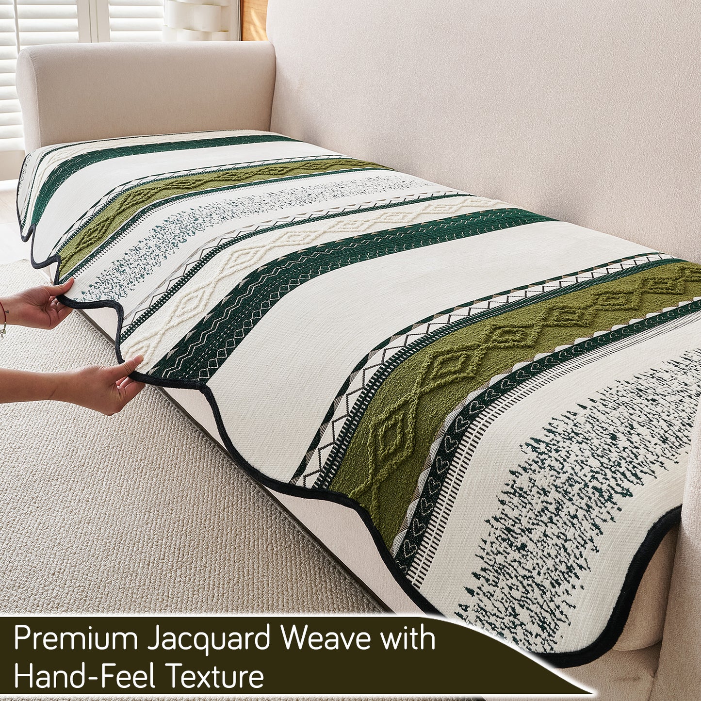 HOKIPO Boho Geometry Sofa Cover Mat|'Valenca Wavy Luxe Series' Moss Green