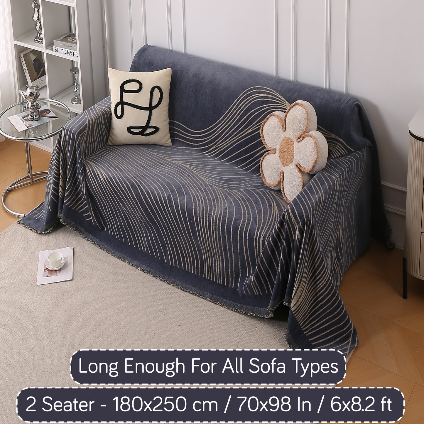 WaveLoom Collection Printed Chenille Sofa Cover Throw Blanket, Dark Grey