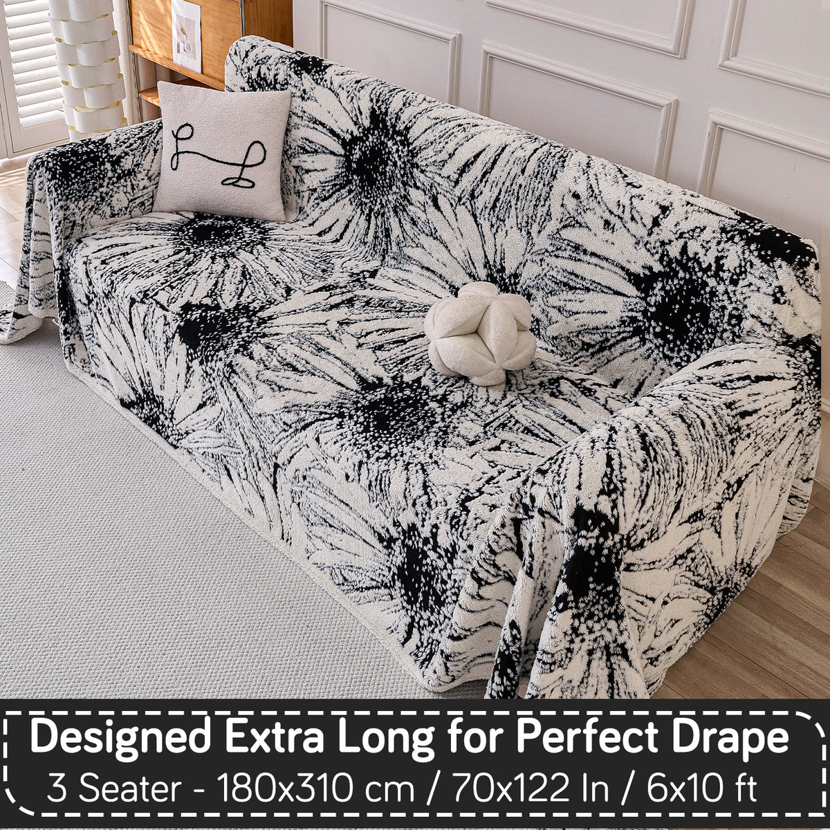Buy Midnight Black Colour DaisyBloom Series Luxury Plush Sofa Throw – 3 Seater Sofas | HOKIPO
