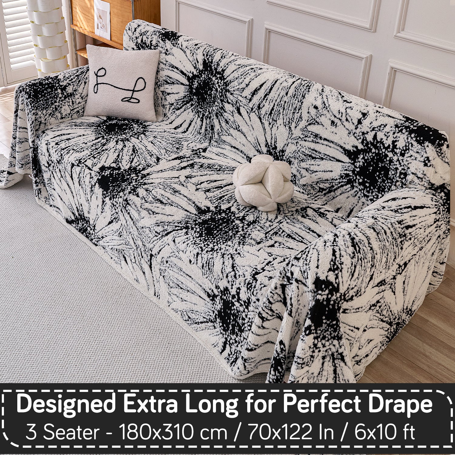 Buy Midnight Black Colour DaisyBloom Series Luxury Plush Sofa Throw – 3 Seater Sofas | HOKIPO