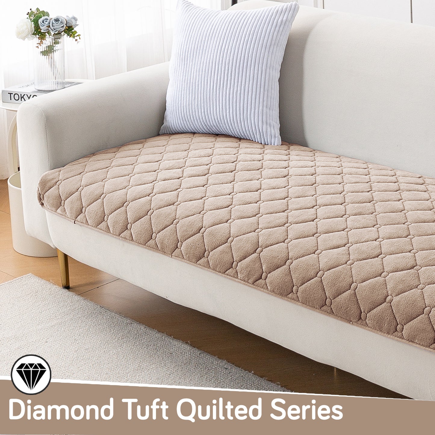 Diamond Tuft Plush Sofa Cover Mat, Warm Taupe