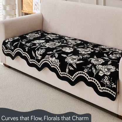 Chenille Sofa Cover Mat with Curvy Edges, 'Retro Curves Series' Sofa Mat, Classic Black
