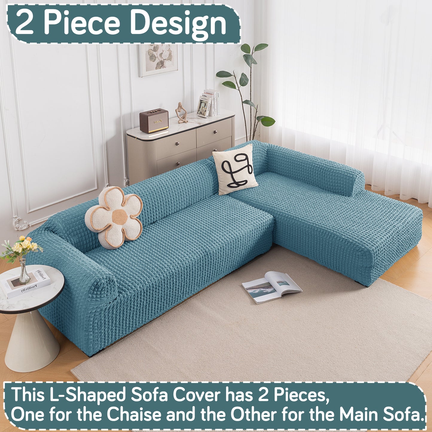 Aria Nova Bubble 2-Piece Stretchable L Shape Sofa Cover with Right Chaise, Tropical Teal