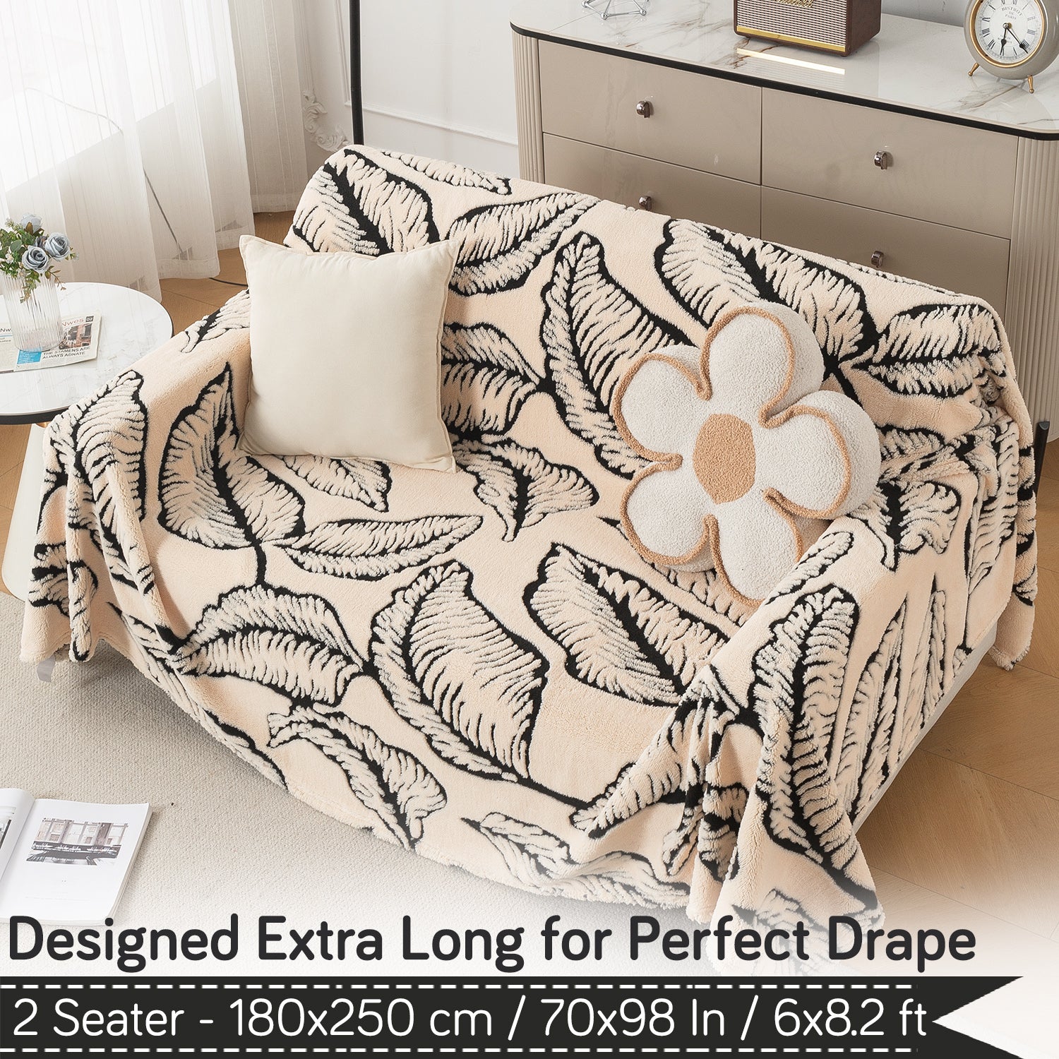 Buy Botanical Leaf Design Noirea Series Plush Sherpa Sofa Throw – 2 Seater Sofas | HOKIPO