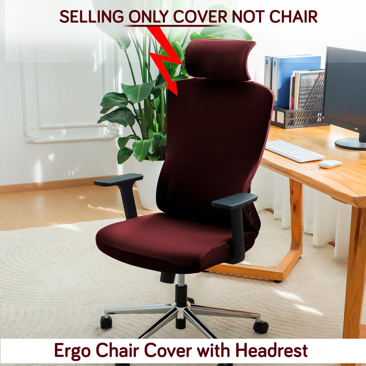 Office Chair Cover with Headrest (High-Back) – 140 GSM Stretch Fabric – Washable, Anti-Slip Fit for Ergonomic Mesh Office Chairs,  Burgundy