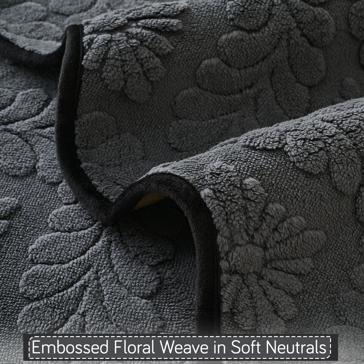 Buy Charcoal Grey Colour Embossed Floral Weave in Soft Neutrals Sofa Throw | HOKIPO