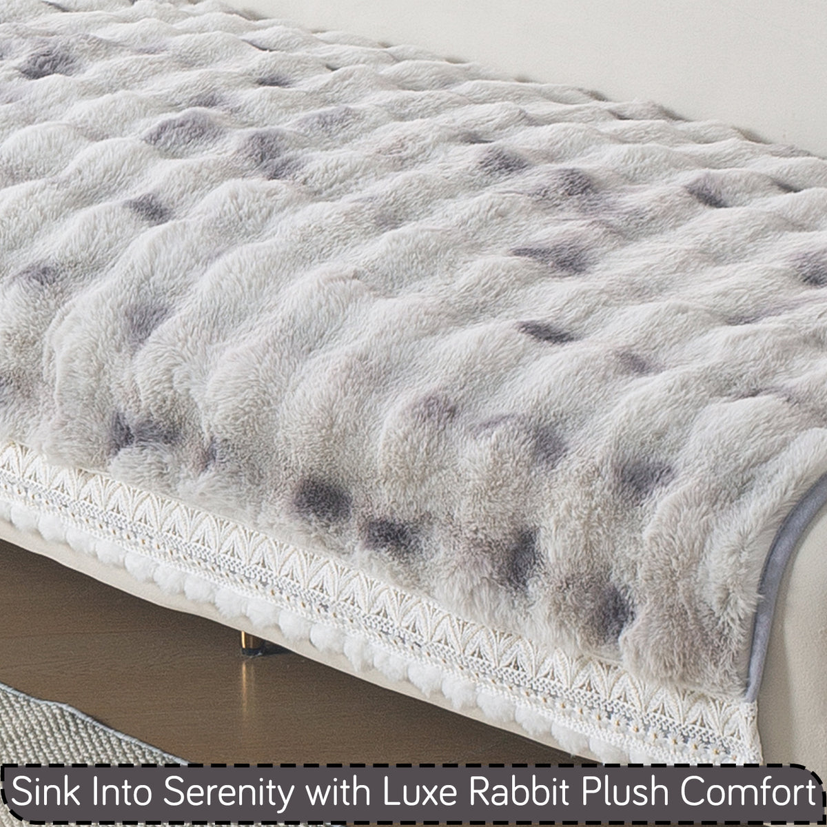 Faux Rabbit Fur Sofa Cover with Lace |Gradient Rabbit Plush, Grey