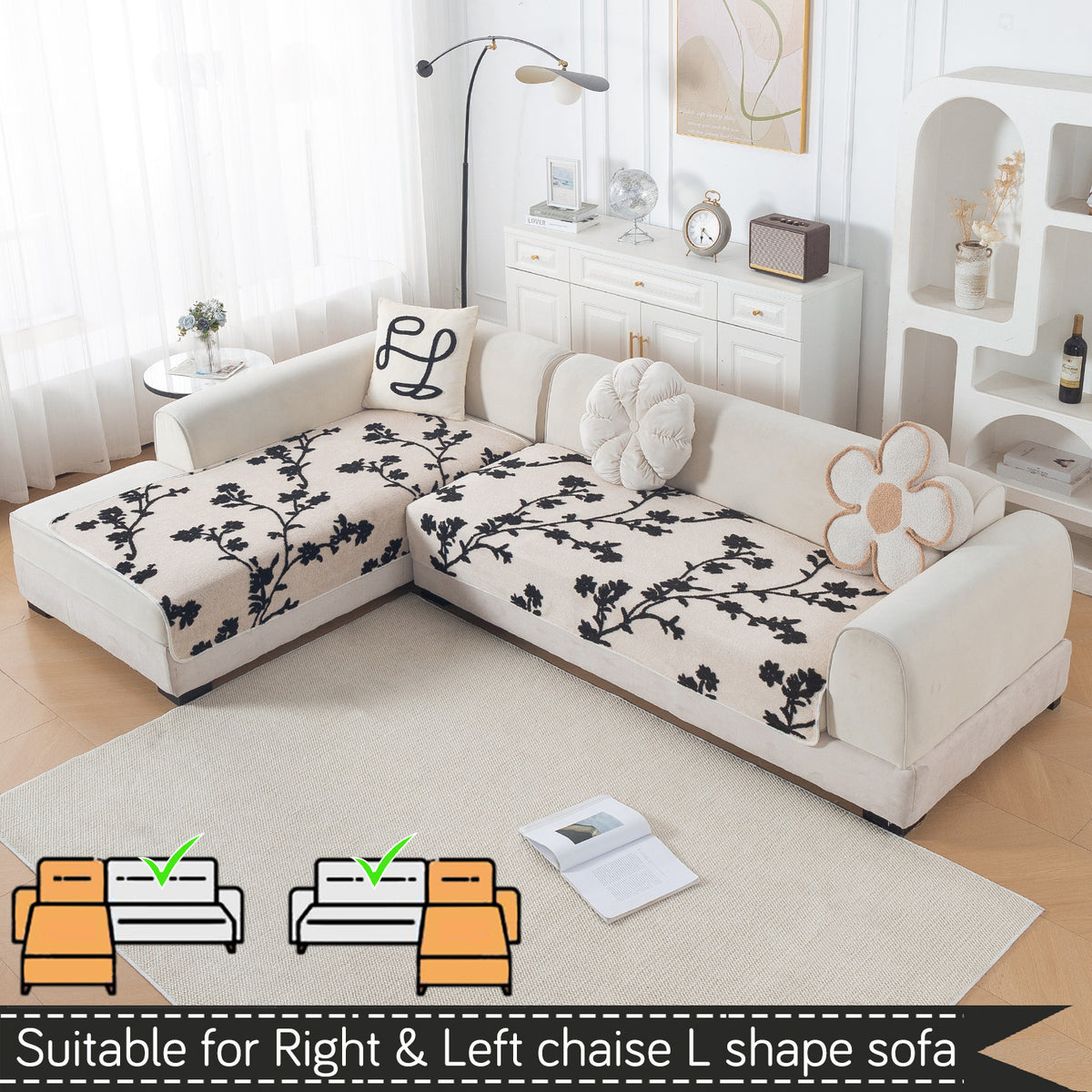 Luxury Plush Sherpa Anti Slip Combination Sofa Mat, 'Noirea Series'|Botanical Vine