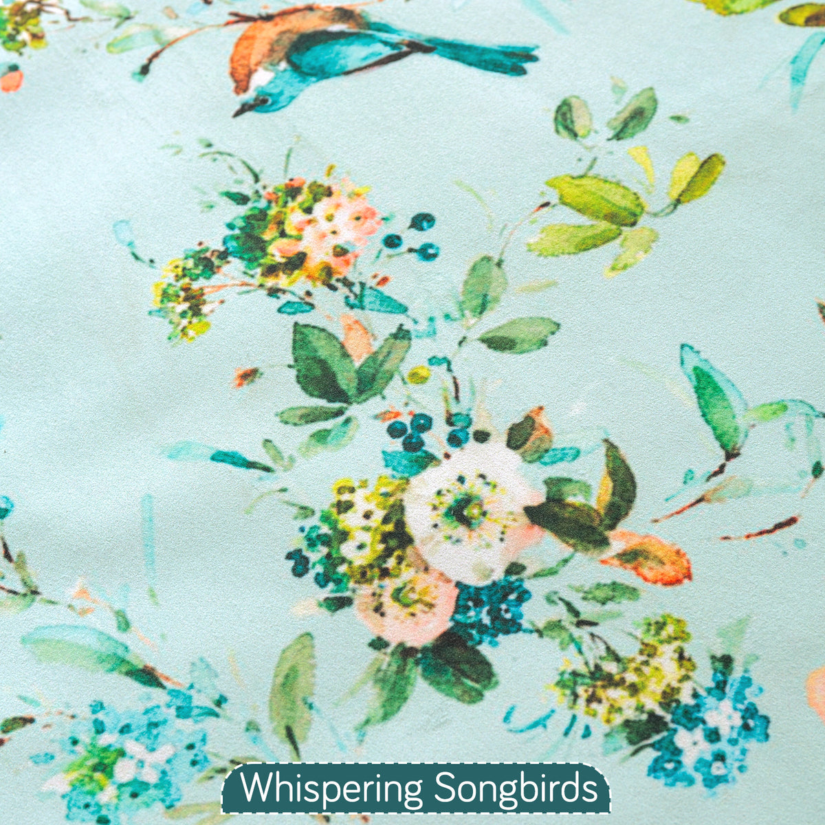 'Whispers of Nature' Series Holland Velvet Sofa Mat with Tassel, Mint Birdsong Blossom