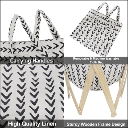 HOKIPO Large European Pattern Laundry Hamper Foldable Wooden Cloth Basket , White
