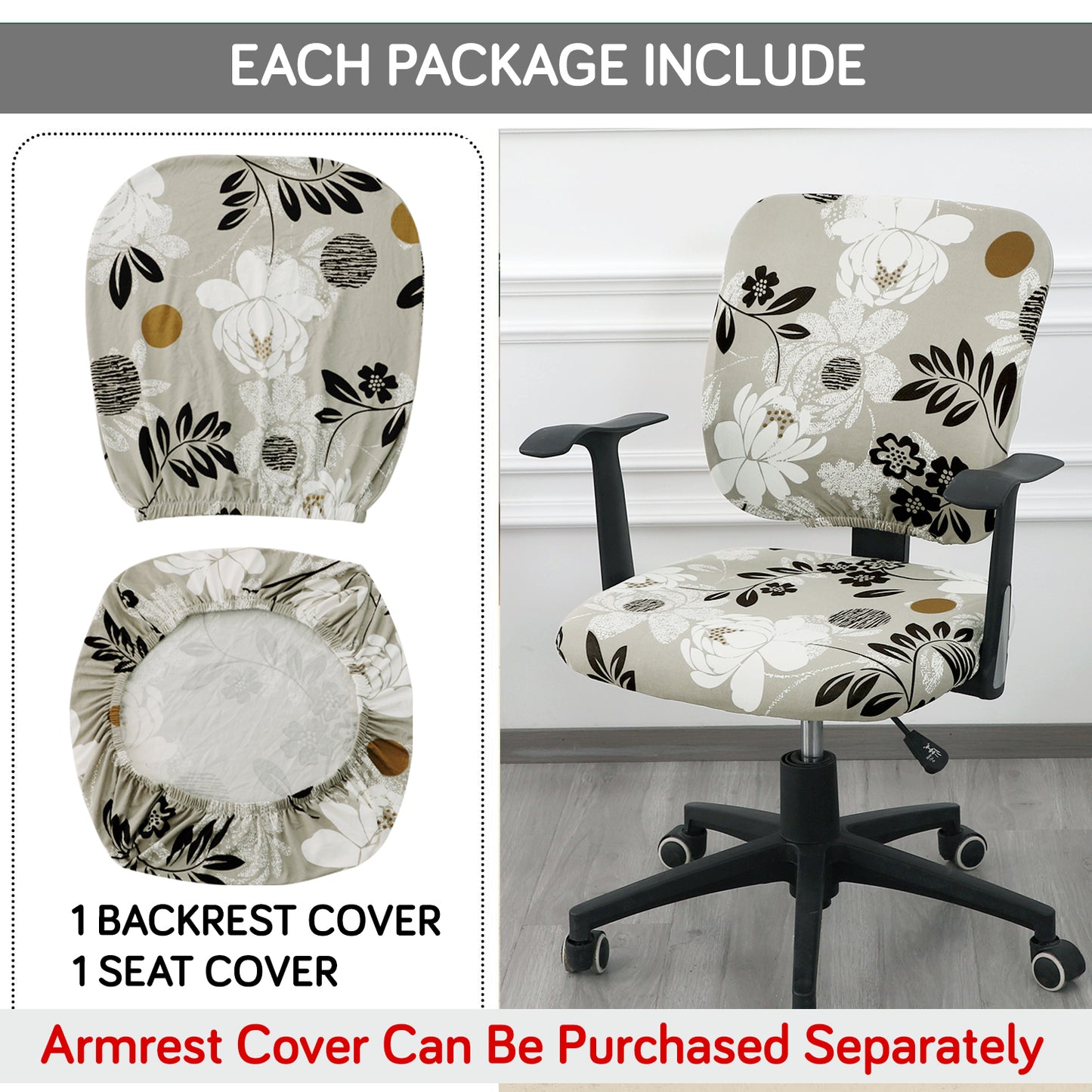 Printed Office Chair Cover for Task Chair – 140 GSM Stretchable Fabric – Washable & Anti-Slip – Fits Small Office Chairs Without Headrest, Feather Brown Floral