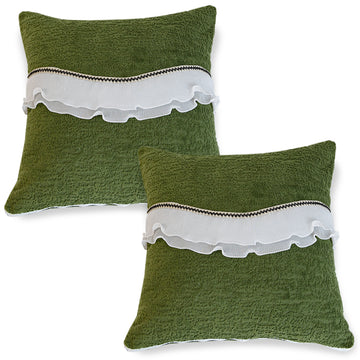 French Classic Frill Sofa Cushion Cover with Elegant Wavy Lace Design - Dark Olive Green
