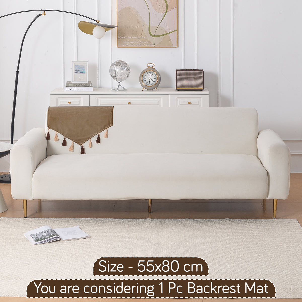 Tassel Tone Holland Velvet Sofa Cover Mat, Warm Taupe