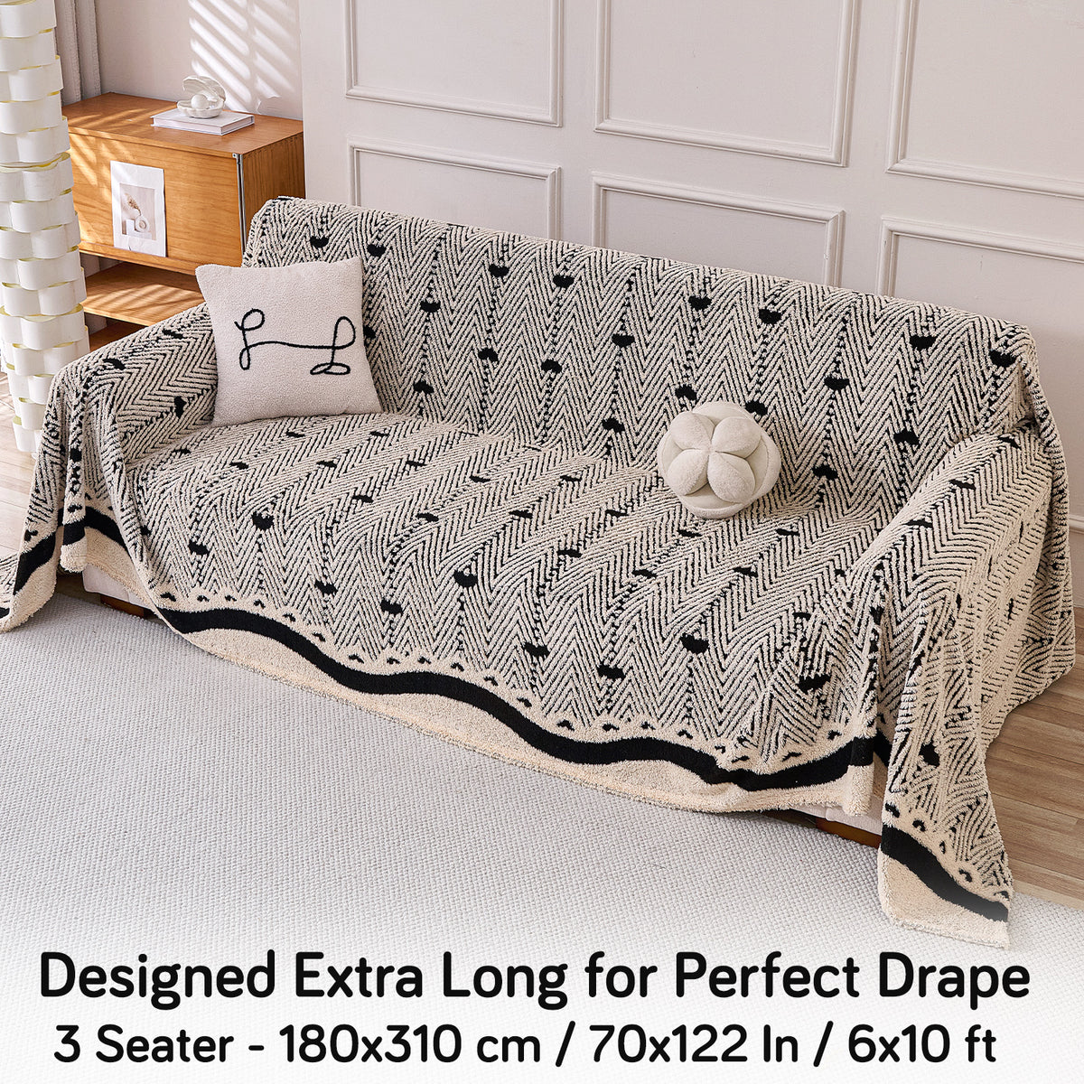 Buy Jade Black Cream Colour Cozy Heart Series Luxury Plush Sofa Throw – 3 Seater Sofas | HOKIPO