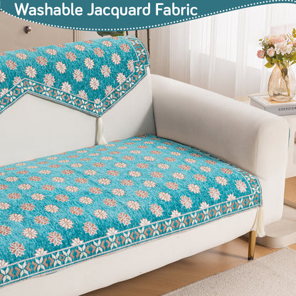 Heritage Weave Premium Jacquard Sofa Cover Set with Tassels - Emerald Teal