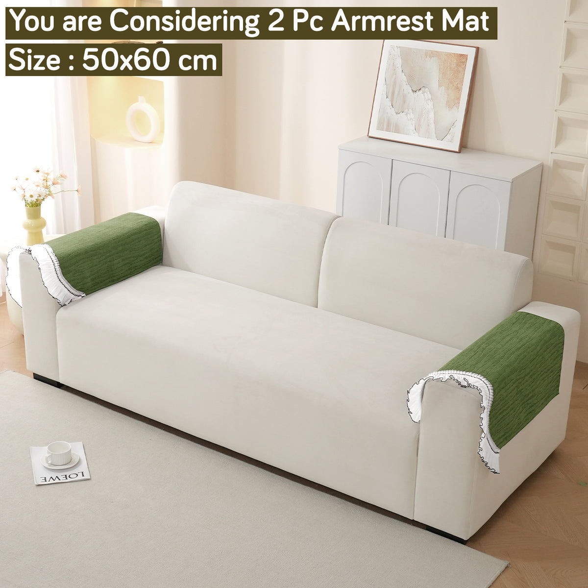 French Lace & Luxe with White Ruffle Edge Sofa Cover Mat, Willow Ash Green